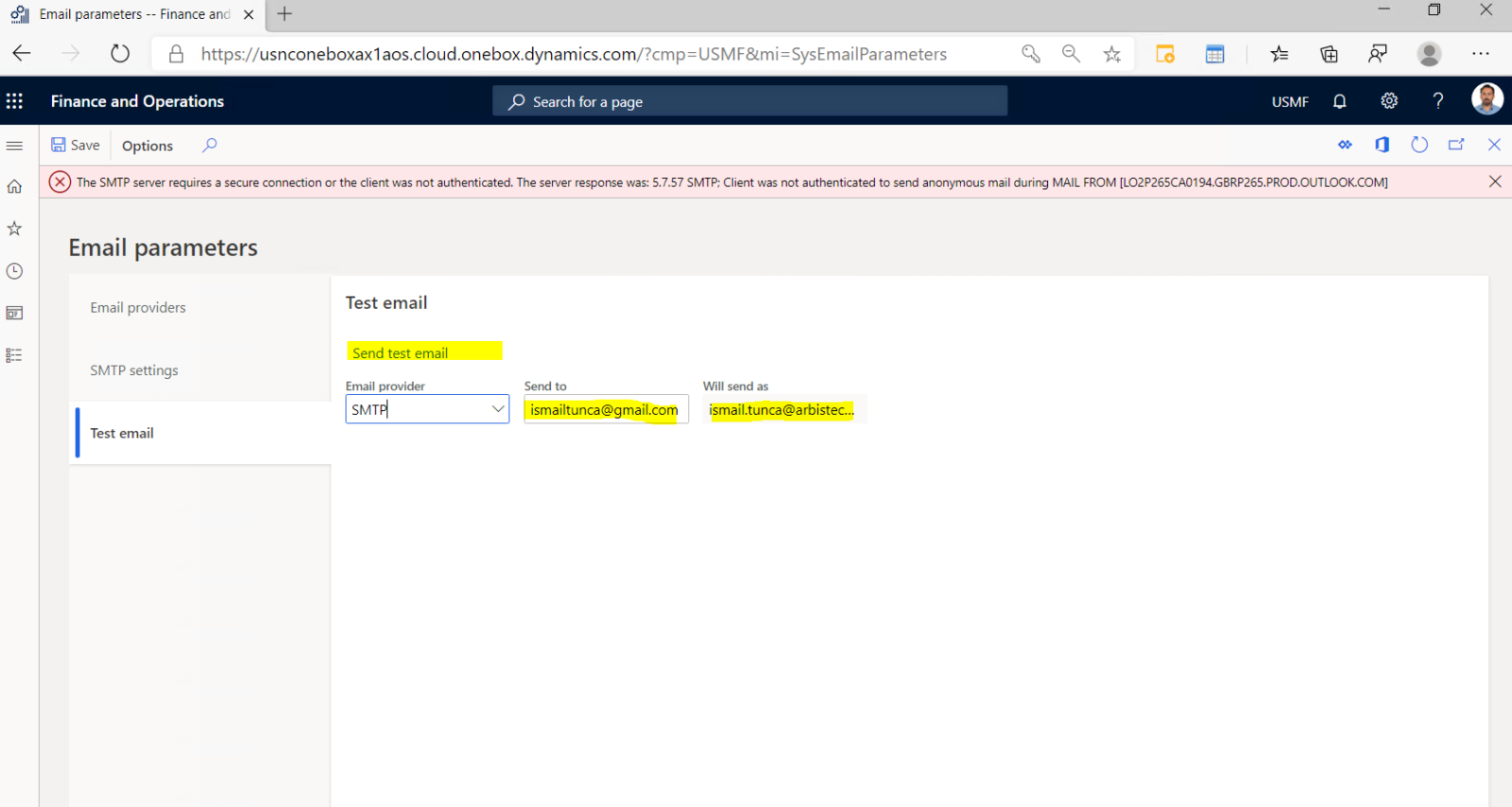D365FO e-mail test error - The SMTP server requires a secure connection